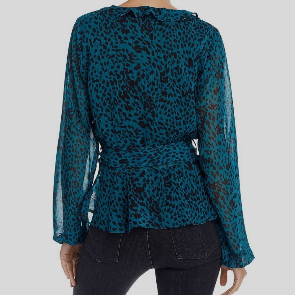Aqua Teal Leopard Print Ruffle Wrap Long Sleeve Blouse - SMALL - Picture 2 of 9